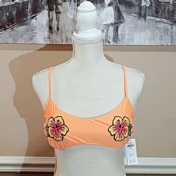 🆕 Hollister Orange Floral Bandeau Bikini Top, Swimsuit Top Sz S - Picture 2 of 4